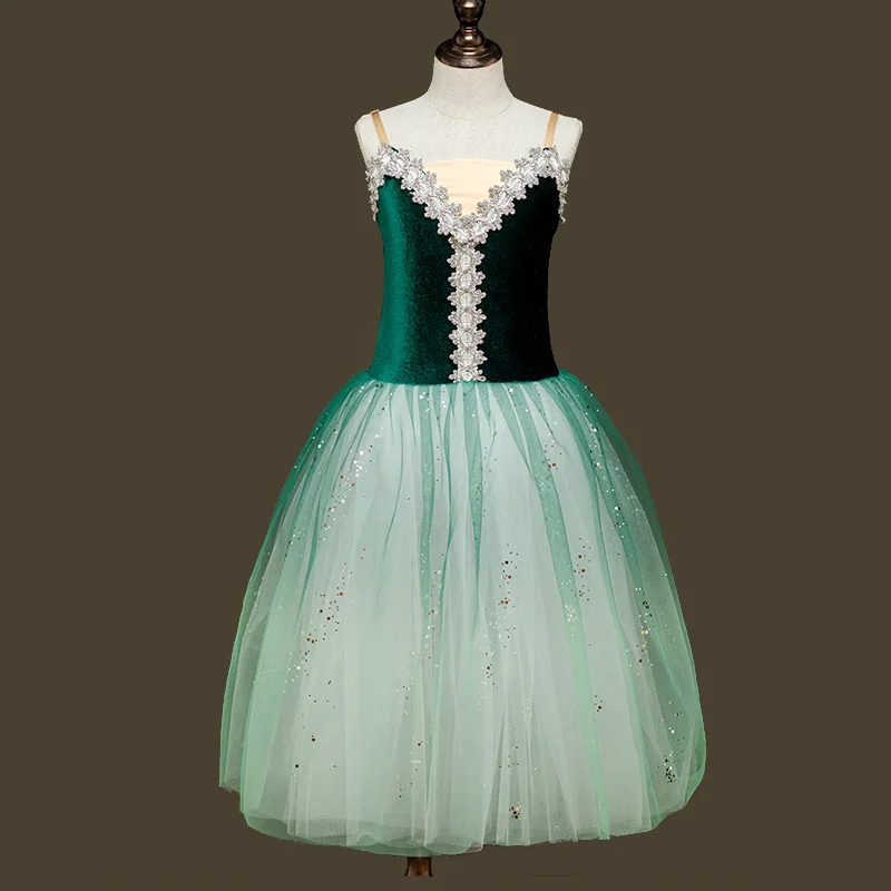 Falda de tutú de Ballet de terciopelo coreano degradado verde para mujer, vestido largo para niñas, ropa de rendimiento, faldas de danza del vientre de cisne