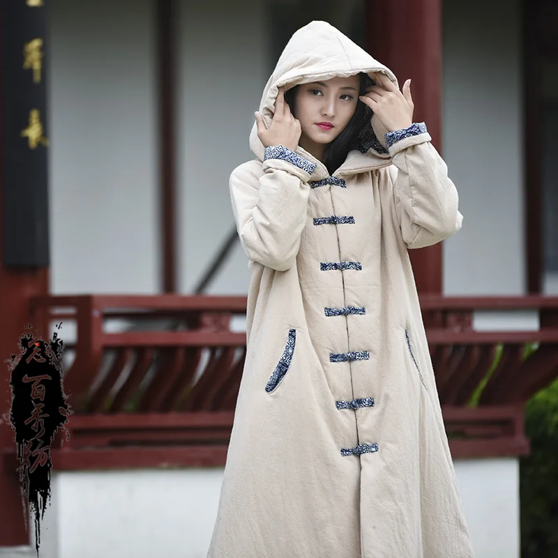 High Quality Women's Vintage Hooded Parka Coat Cotton Linen Winter Warm Trench Coat Cotton Jacket Single-breasted Original Parka