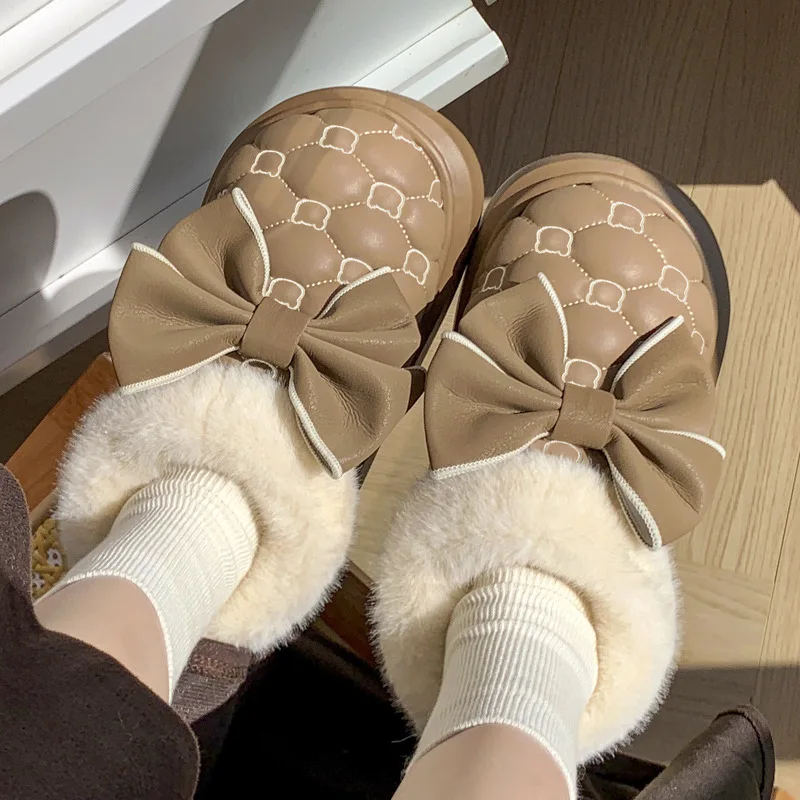 Winter Women Snow Boots Cute Bow Cotton Shoes Waterproof Down Short Barrel Ankle Boots Home Comfort Thick Soled Plush Boots