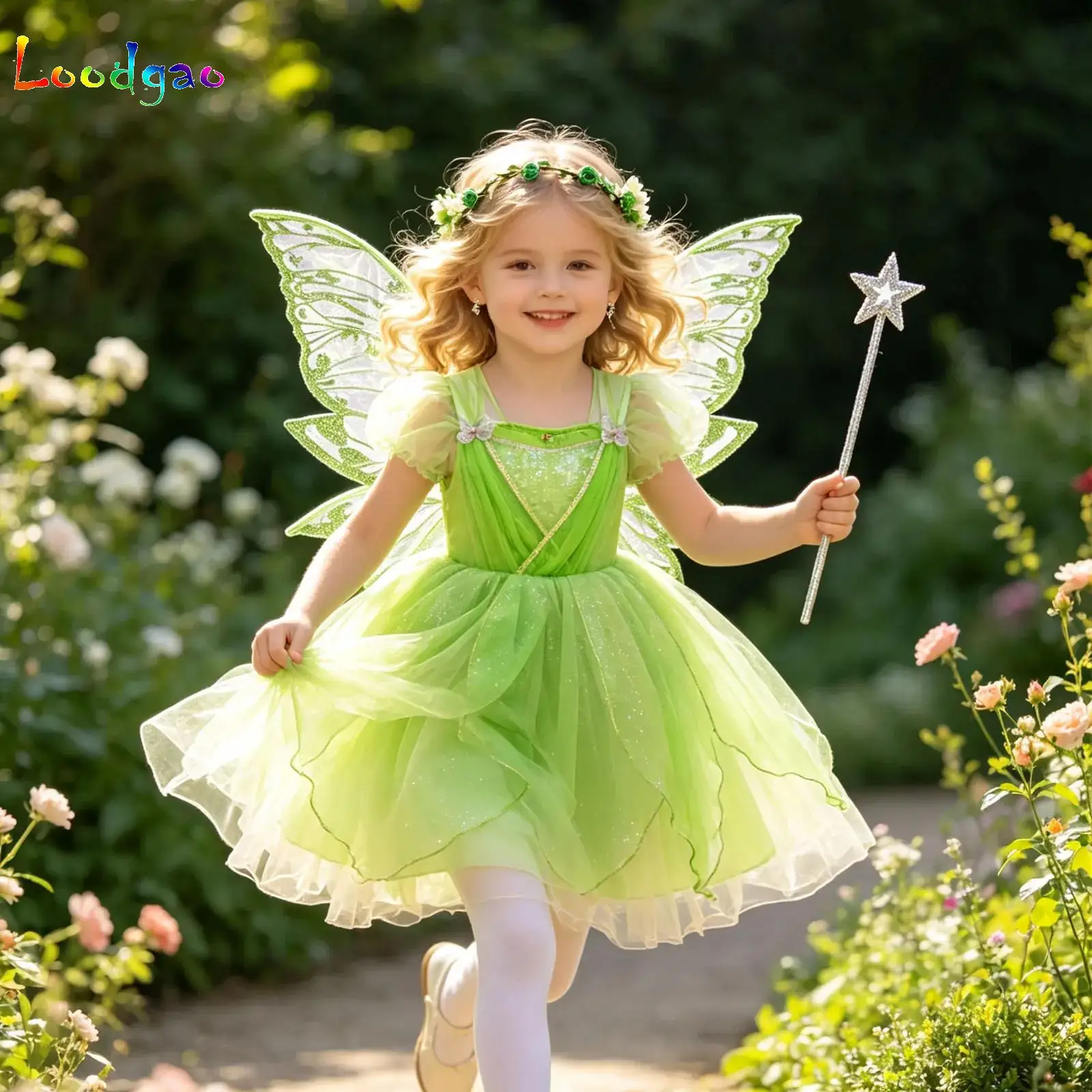 Girls Flower Fairy Dress Up Kids Princess Tulle Dress With Wings Fairy Stick Garland Elf Ears Costume Elves Party Outfits