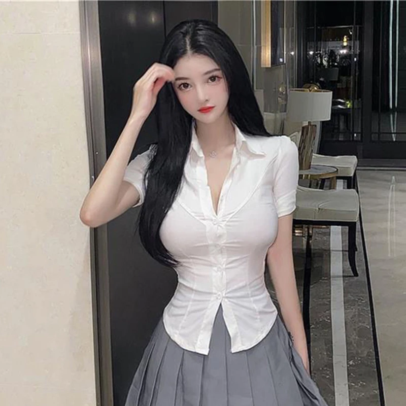 MEXZT Short Sleeve Shirt Women Sexy Slim White Button Blouse Office Lady Korea Fashion Summer Chic Turn Down Collar Shirts Top