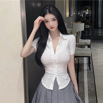MEXZT Kurzarm Shirt Frauen Sexy Schlank Weiß Taste Bluse Büro Dame Korea Mode Sommer Chic Drehen Unten Kragen Shirts Top