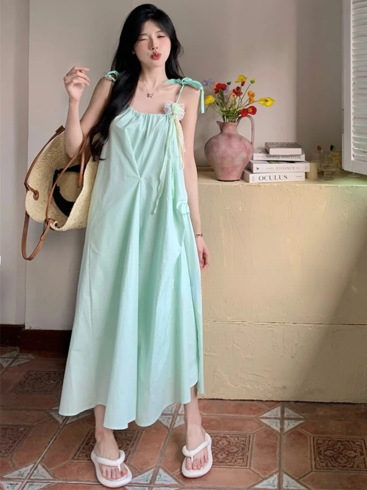 Vestido verde menta con tirantes finos para mujer, vestidos Midi holgados con cordones para playa, vacaciones de verano, estilo francés, temperamento Fairycore informal