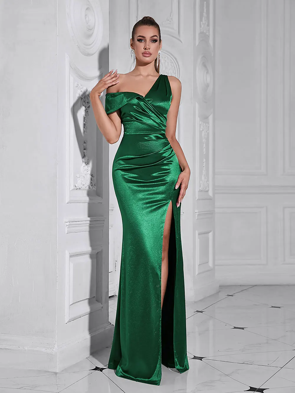 2024 Sexy Vrouwen Groene Maxi Jurk Met Diagonale Kraag Schoudermouw Bodycon Gedrapeerde Split Lichaam Lange Jurk Avond Feest Vestido