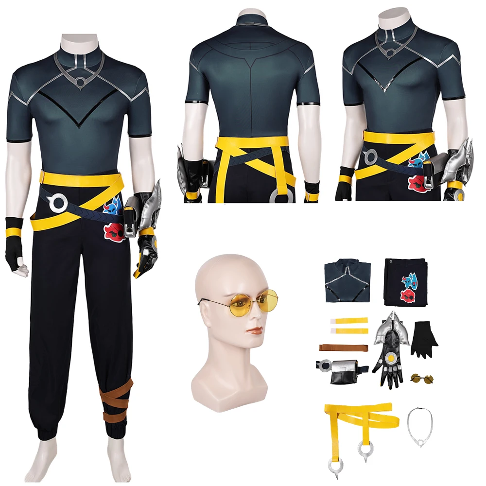 LOL HEARTSTEEL Ezreal 코스튬 코스프레, 성인 남성 티셔츠, 바지 벨트 장갑, 가발 의상, 할로윈 카니발 파티 세트