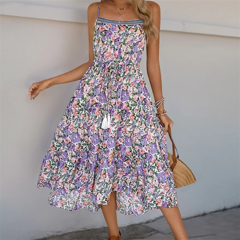 Dourbesty femmes cordon avant longue robe Maxi sans manches Spaghetti sangle imprimé fleuri robe ample robe de vacances Vestido 2025