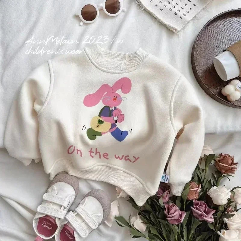 HoneyCherry Winter Padded Cartoon Printed Sweatshirt Cute One-piece Fleece Warm Top Kids Clothes