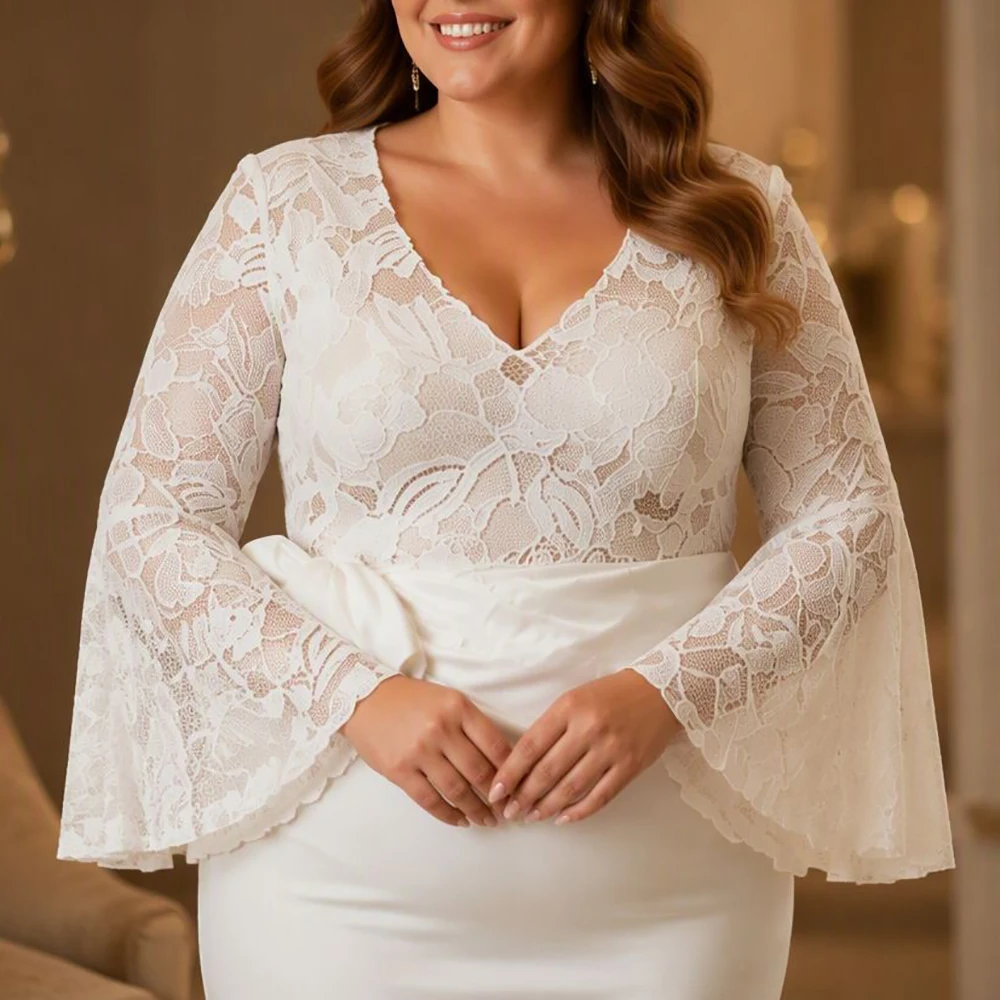Plus Size Mermaid Wedding Dress For Women Sexy Mesh Sheer Embroidery V‑Neck Long Sleeve Slim Fit Party Formal Stain Maxi Dresses