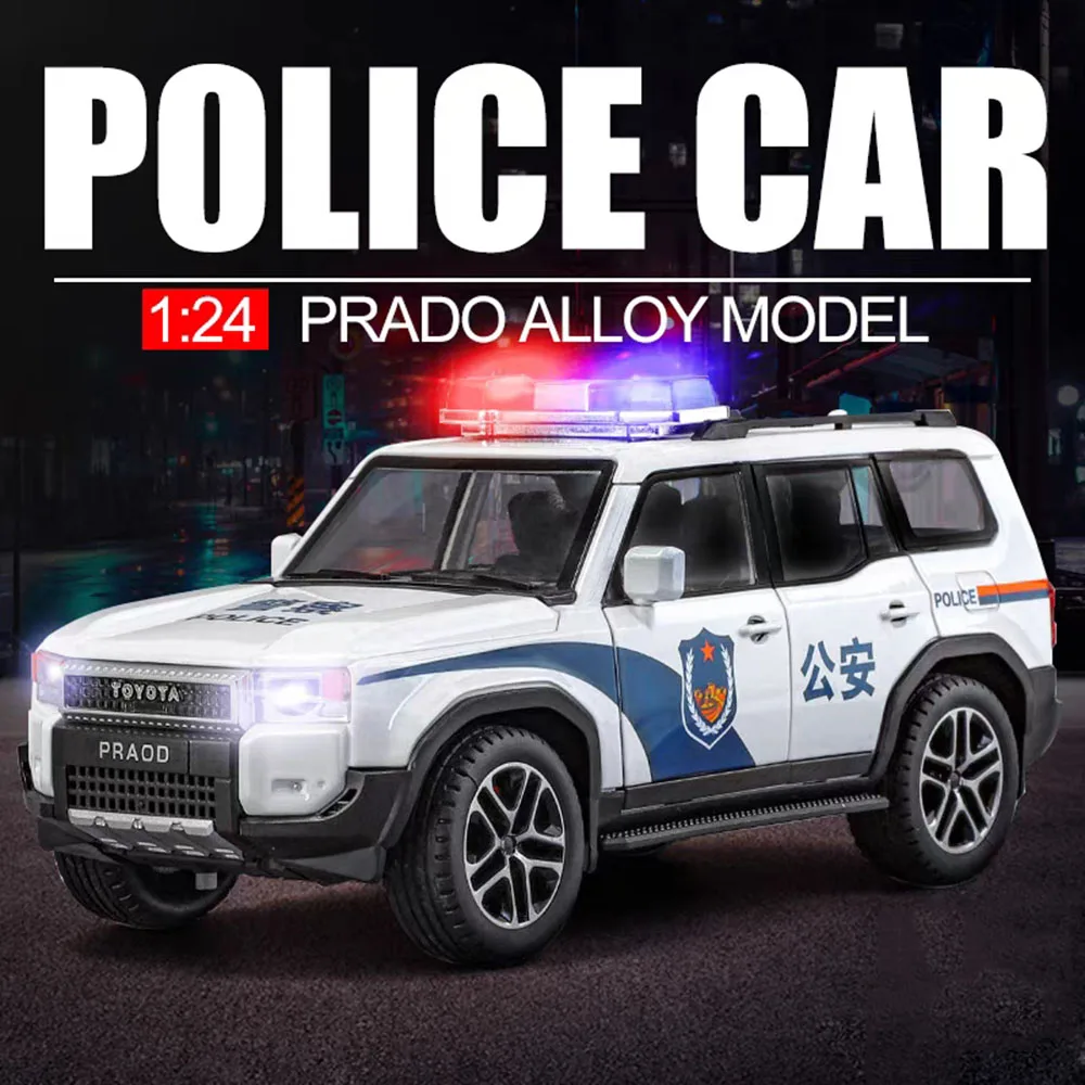 Modele samochodów Toyota Prado LC250 ze stopu 1:24, odlewane ciśnieniowo, zabawki z napędem pull-back, miniaturowe samochody policyjne z oświetleniem i muzyką, pojazdy dla dzieci na prezent.