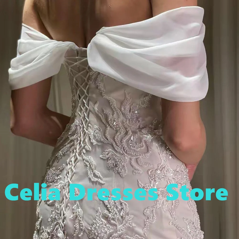 Elegant Luxury Evening Dress 2024 Straight Short Sleeves Off the Shoulder Jersey Pleats Sweep Train Beading Crystal Party Gowns