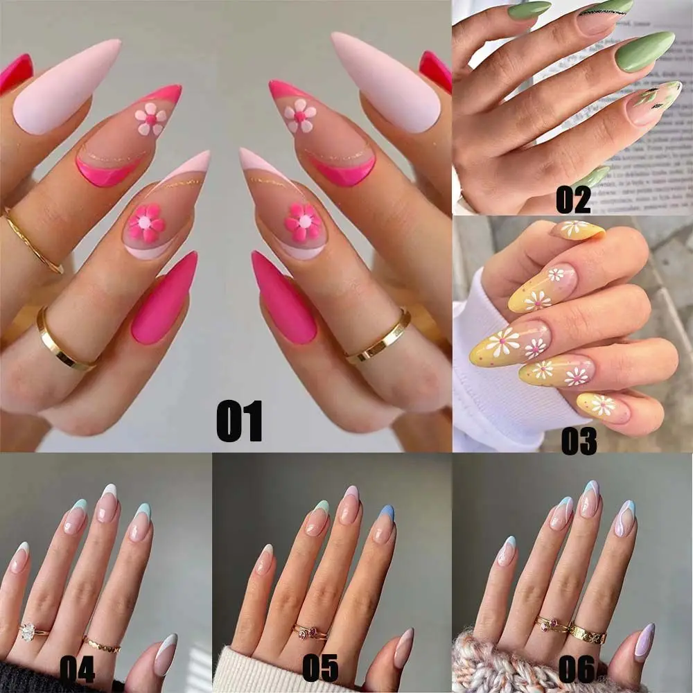 24pcs/Box Women Fashion Artificial Full Cover French Stiletto Fake Nails Wearable Nail Tips Almond False Nails