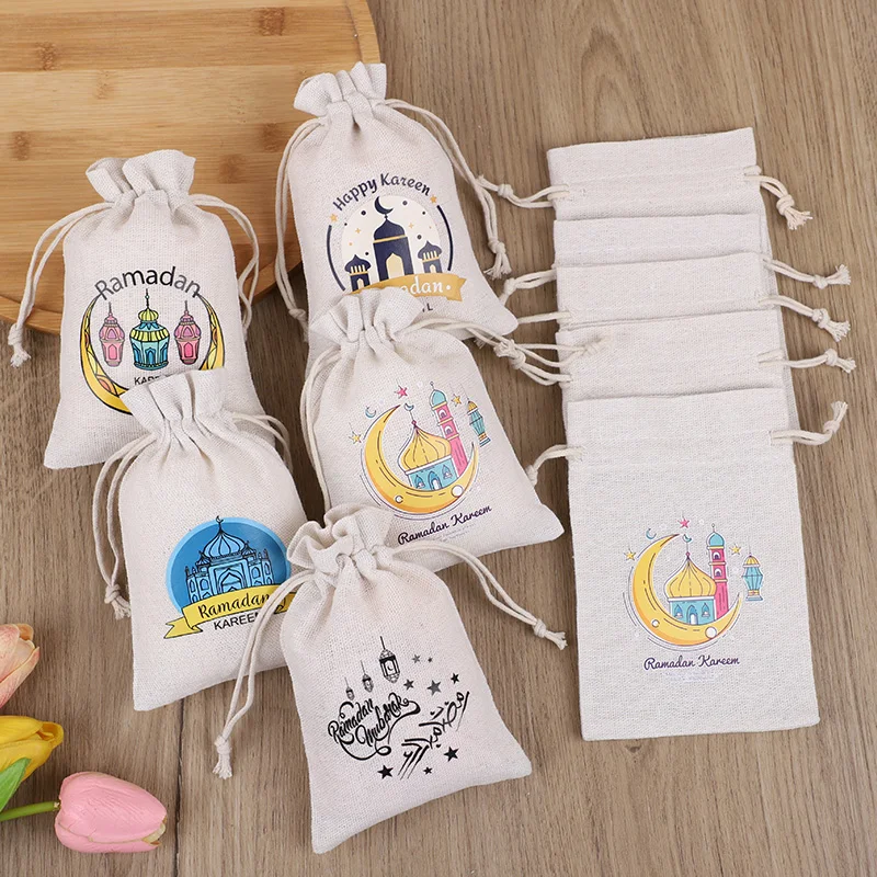 5Pcs Ramadan Mubarak Gift Candy Bag Eid Mubarak Cloth Cotton Linen Pouches Cookie Biscuit Packing Bags Ramadan Party Decoration