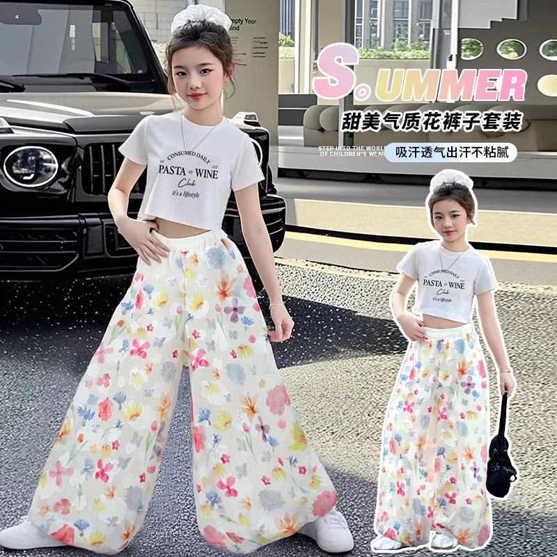 

Girls' Bright Printed Wide-leg Pants Summer Casual Pants Soft and Draping New Arrival 2025 Suitable for Ages 7-14 Teen