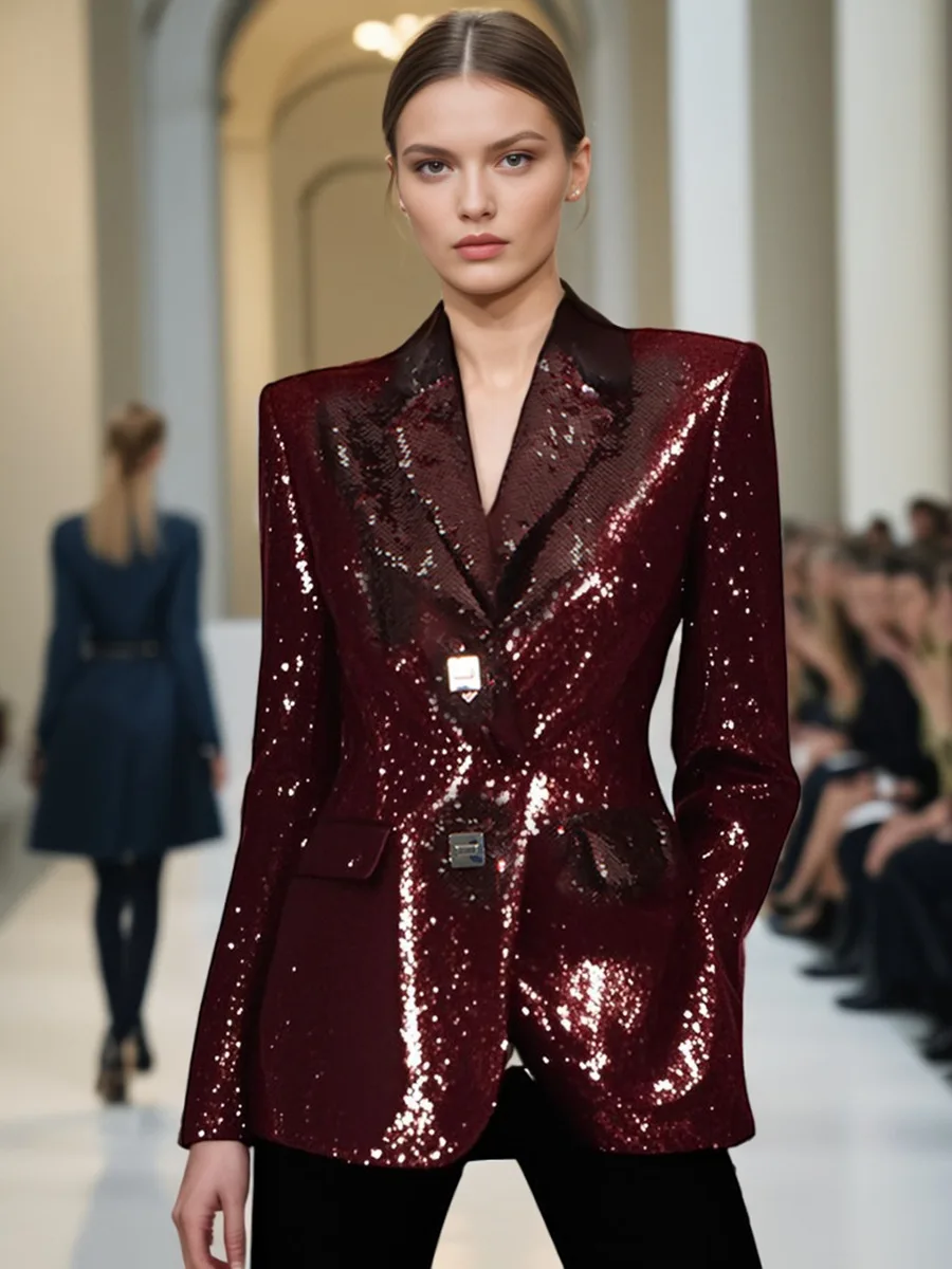 우아한 스팽글 디자인 블레이저 여성용 싱글 버튼 긴 소매 모아진 허리 맞는 재킷 여성 코트 패션 2025 새로운 얇은