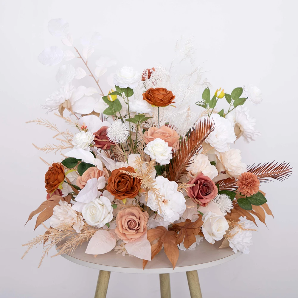 

White Rose Brown Leaves Floral Runner Table Centerpiece for Wedding Baby Shower Decor Customized Artificial Flower Arrangements