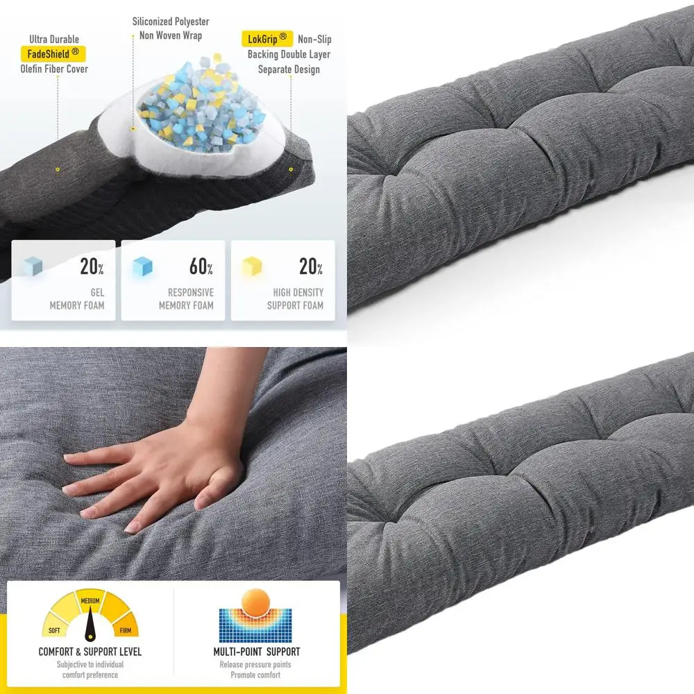

Memory Foam Bench Cushion, Non-Slip Tufted, FadeShield, Water-Resistant, Durable, Outdoor/Indoor, 59x16x4 inches, Heather Charco