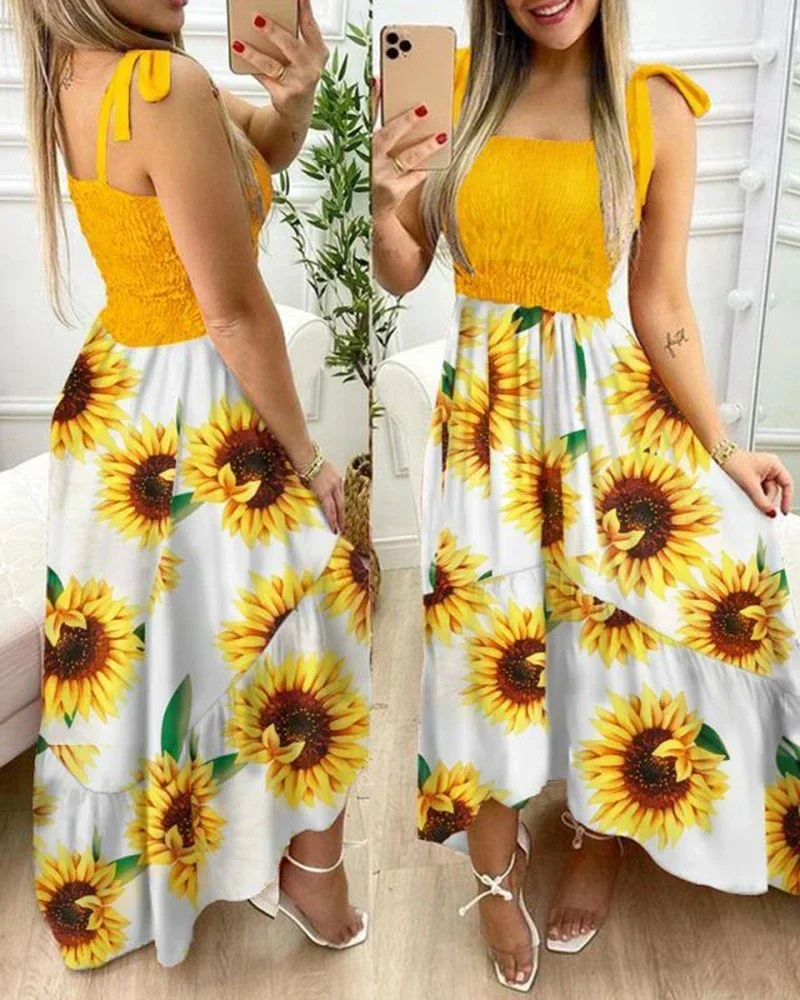 Zomer Sexy Spaghettiband Bloemenprint Maxi Jurk Voor Vrouwen 2023 Casual Elegante Borst Wrap Lange Vrouw Strandjurk Vakantie