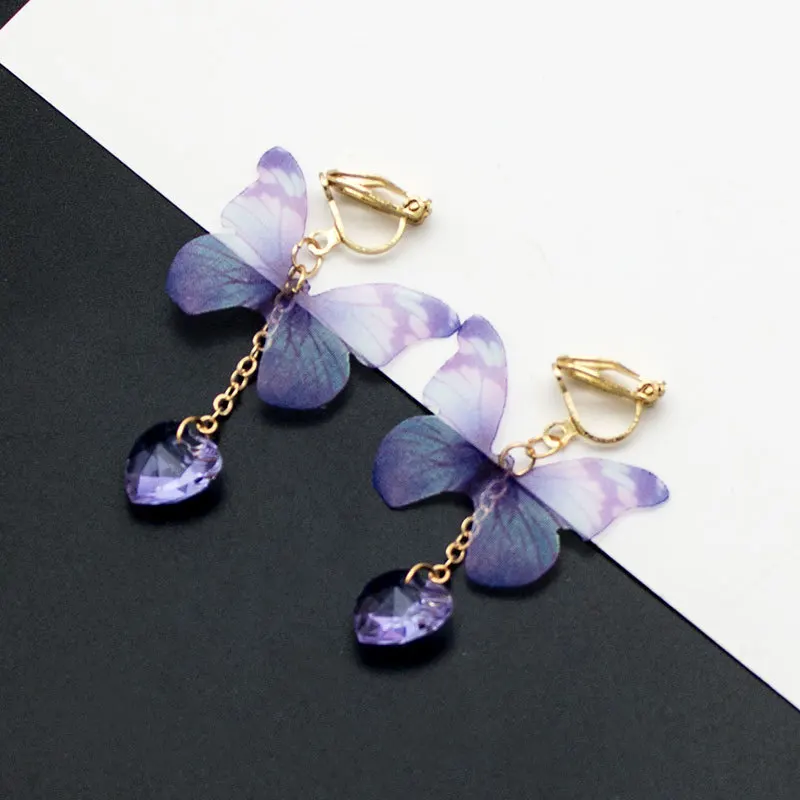 Korean Style Crystal Butterfly Ear Clip Earrings Fashion Fabric Purple Butterfly Clip on Earrings Without Piercing for Female