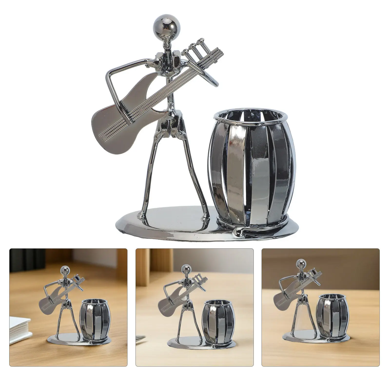 Sturdy Iron Musician Statue Pen Holder with Guitar Design Desktop Storage for Pens Pencils Office Supplies Decoration