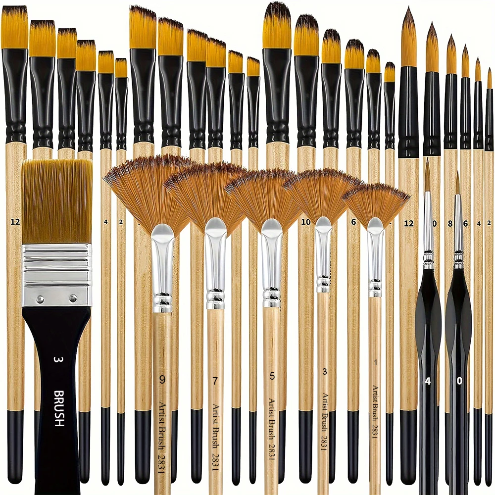 32pcs Paint Brush Set, Artist Series, Nylon Bristles with Round, Filbert, Flat, Fan, Angle, Detail Brush, Suitable for Painting