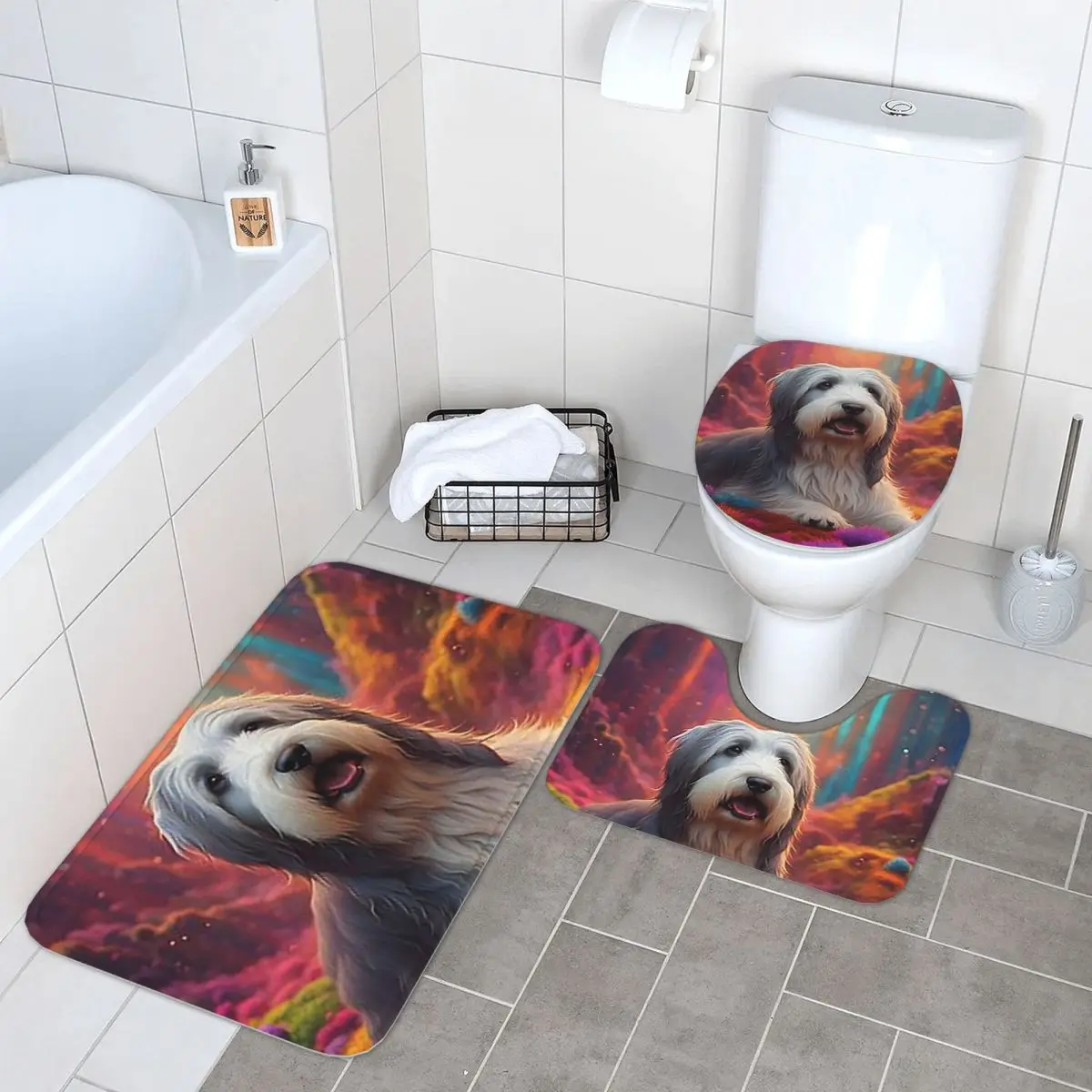 

Бородатая собака-колли в красочной природе, 3-х предметный коврик для ванной, набор для ванной комнаты, крышка для унитаза, домашний декор, нескользящий ковер, напольный коврик