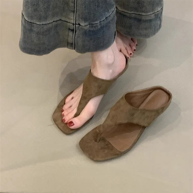 

Spring Summer New Mid Heel Sandals Women's Flip Flops Comfortable Slimming High Heels Slip-On Shoes Korean Style Synthetic Inter
