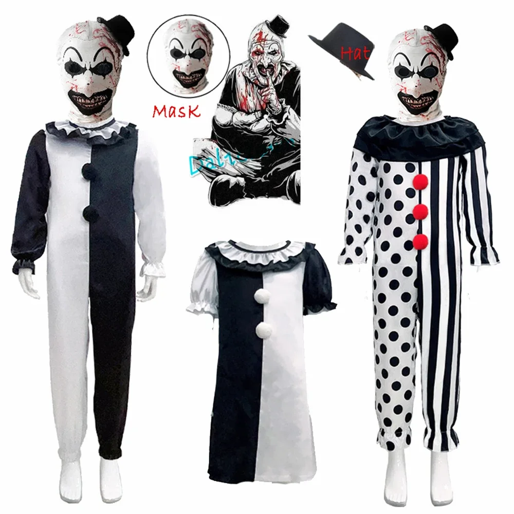 Terrifier ชุดแต่งกายสำหรับเด็กผู้หญิง, ชุดคอสเพลย์เด็กน่ากลัวสยองขวัญ bodysuit jumpsuit Art ตัวตลกโจ๊กเกอร์หน้ากากเครื่องแต่งกายวันฮาโลวีน