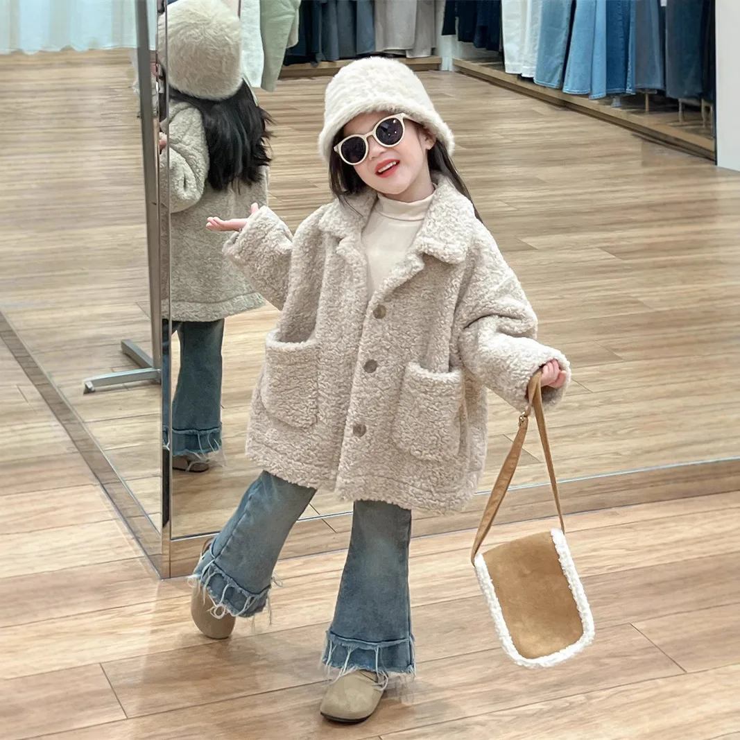 

Girls Suit 2024 Winter New Childrens Wear Korean Baby Girl Teddy Fluffy Plus Fluffy Warm Fur Coat Woolen Jeans Two-piece Set