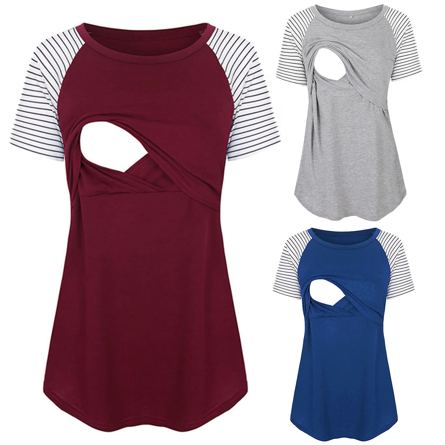 

Ladies Women Pregnant Maternity Nursing Tops Mom Breastfeeding T-Shirt Short Sleeve Pacthwork Striped Casual Top Outfits