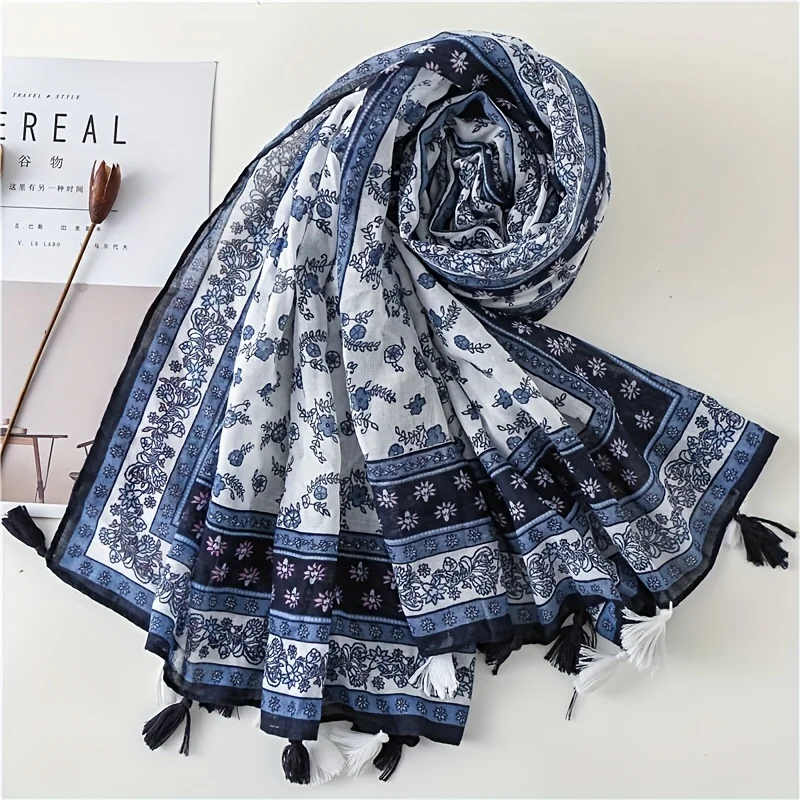 Dark Blue Floral Print Scarf Vintage Tassel Shawl Casual Windproof Head Wrap Sunscreen Travel Beach Towel For Women