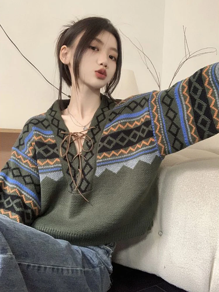 

Vintage Sweaters Women Autumn Loose Casual V Neck Lace Up Stripe Pullovers Harajuku Korean Style Female Jumpers Tops Pull Femme