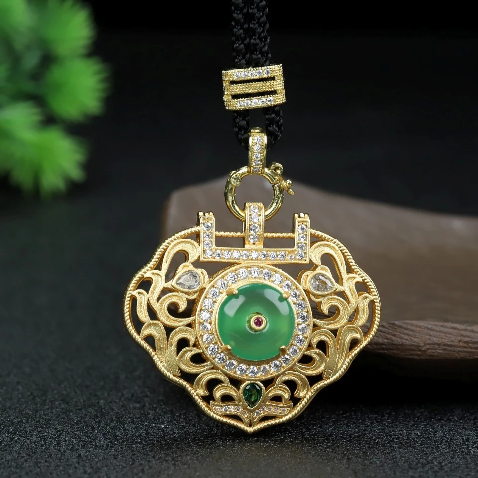 Natural Myanmar Jadeite Grade A Green Burma Jade Donut 24k Gold Plated Copper Lock Pendant Necklace Women Lucky Charms Amulets