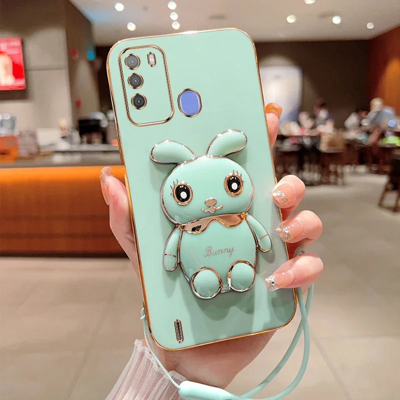 Cute Cartoon Rabbit Fold Stand For Infinix Vision 1 Pro S16 Phone Case With Lanyard Luxury Plating Cover