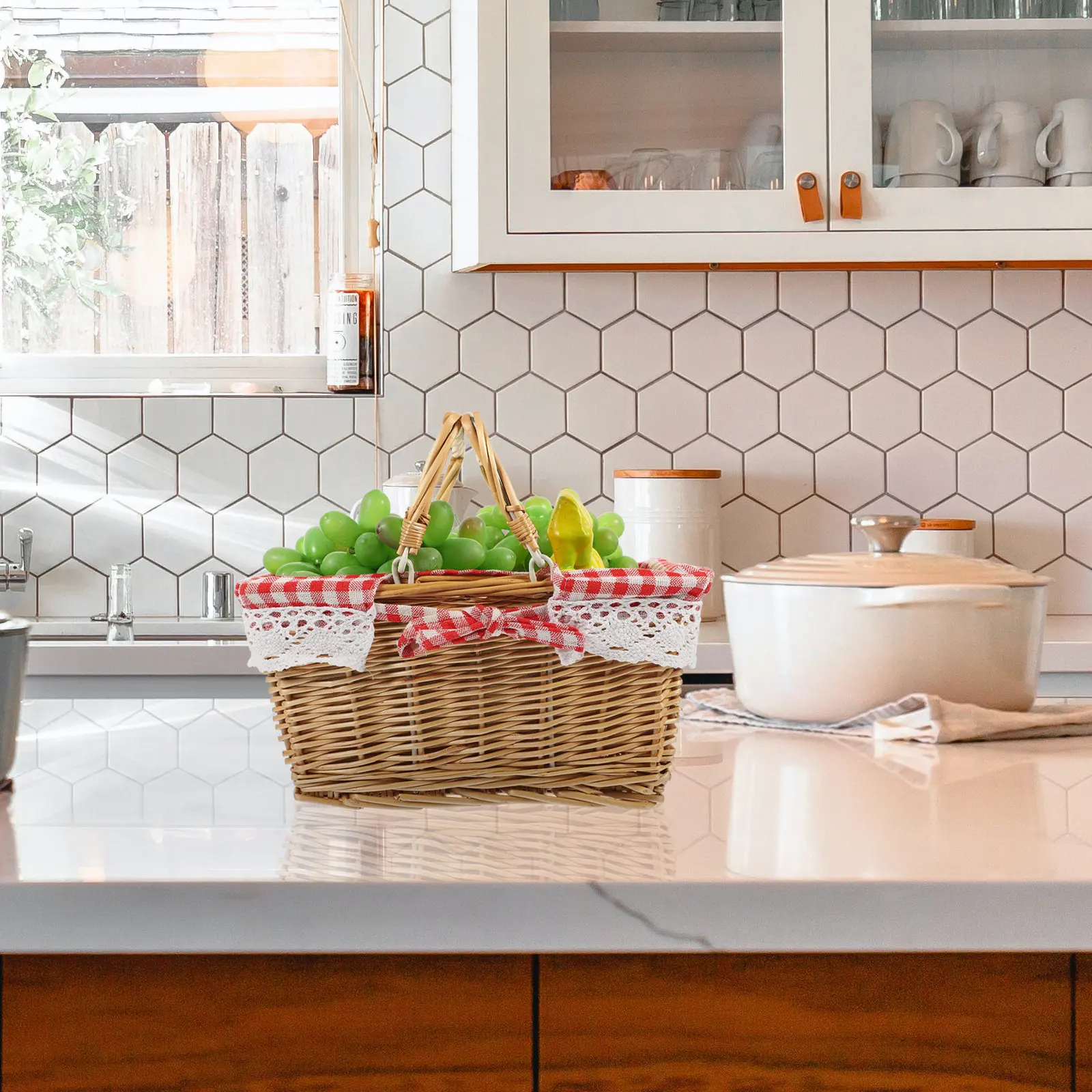 

Плетеная корзина ручной работы с двойной складной ручкой, портативная, для пикника, кемпинга, хранения фруктов и овощей