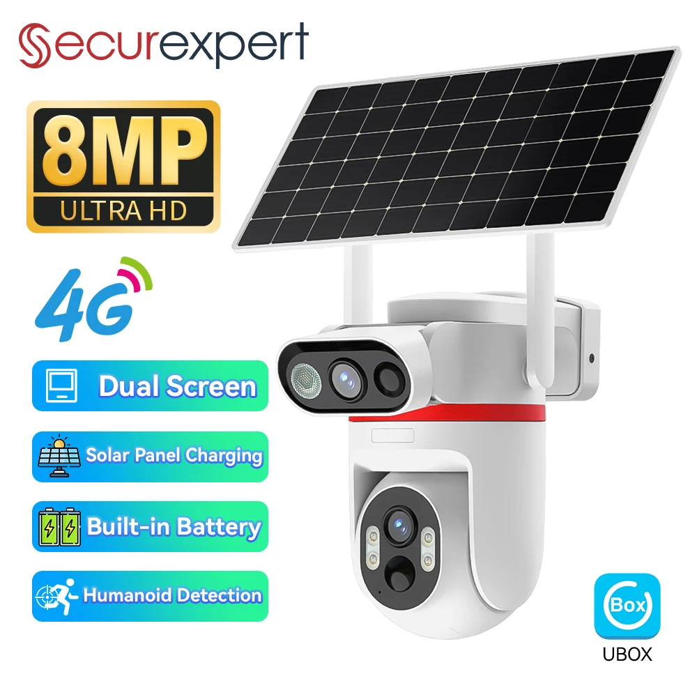 كاميرا أمان تعمل بالطاقة الشمسية بدقة 8 ميجابكسل 4G LTE، PTZ لاسلكية بعدسة مزدوجة 100% مع تتبع تلقائي، رؤية ليلية ملونة، كشف PIR مزدوج، IP66