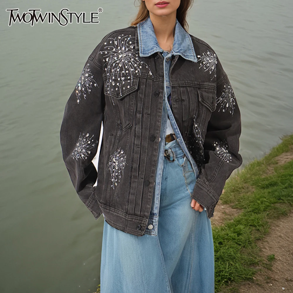 

TWOTWINSTYLE Hit Color Cowboy Spliced Printing Jackets for Women Lapel Long Sleeves Patchwork Single Breasted Jacket Female New