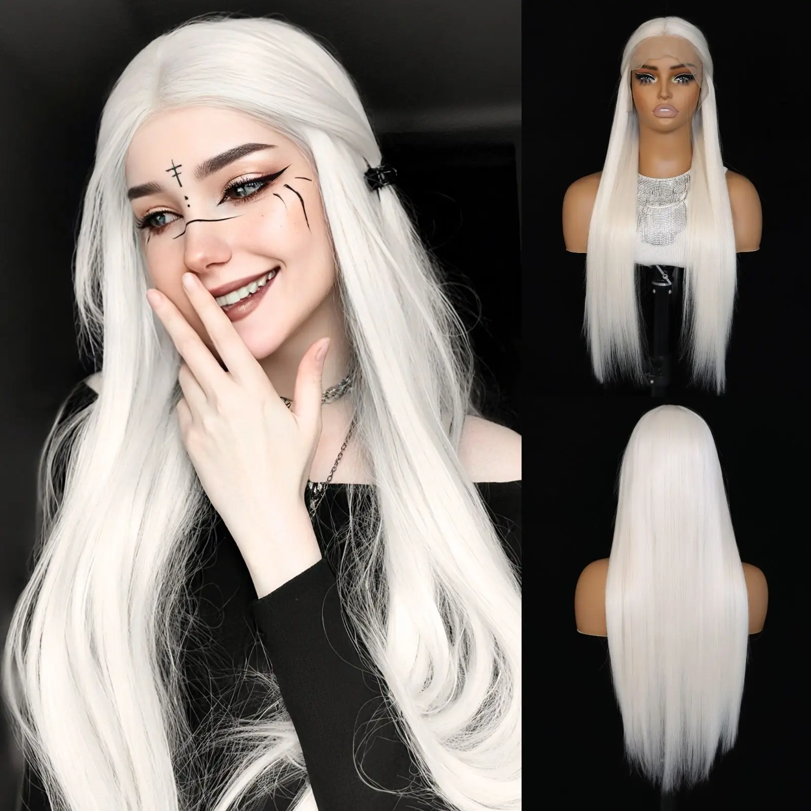 

Белый синтетический парик спереди, длинный прямой платиновый Белоснежный парик 13X4, синтетический парик спереди, парики из термостойкого волокна