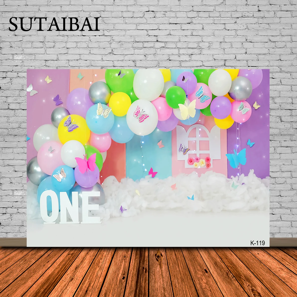 Photography Background Wonderland Flowers Butterfly Balloons Clouds Girl 1st Birthday Cake Smash Decor Backdrop Photo Studio