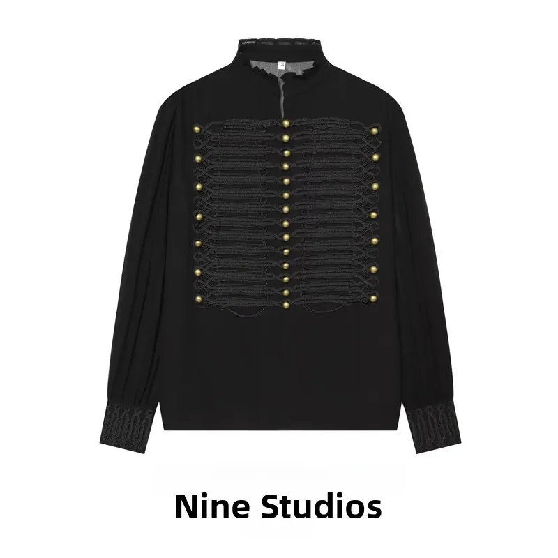 Nine Zar Women's Loose Long Sleeve Shirt Micro Transparent Button up Rope Knot Casual Chic European Style Winter Fashion Top