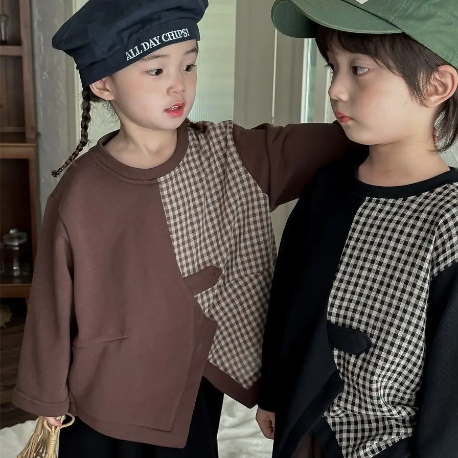 

2023 Children's Autumn New Plaid Stitching Sweater Men's and Women's Baby Split Top round Neck Pullover