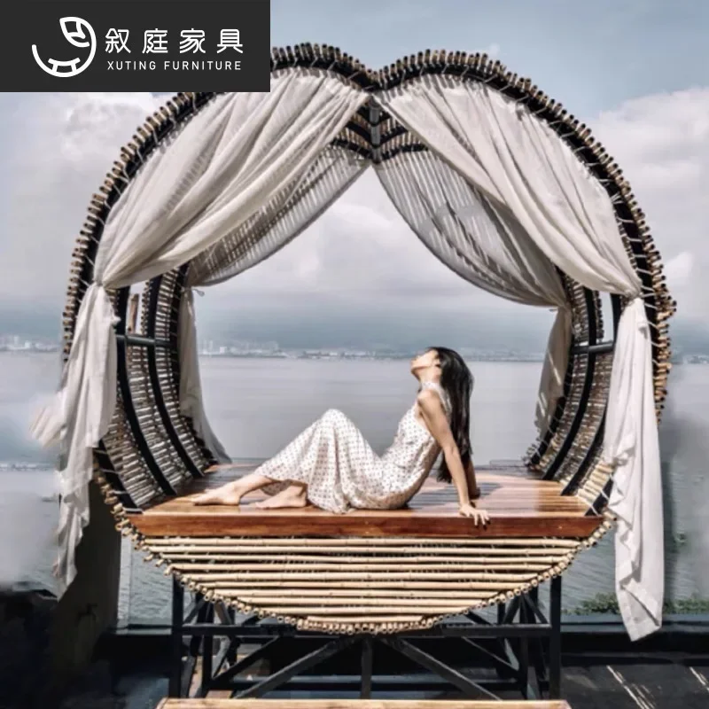 Outdoor scenic spot residential creative heart-shaped bamboo sofa furniture garden seaside villa waterproof and sunscreen