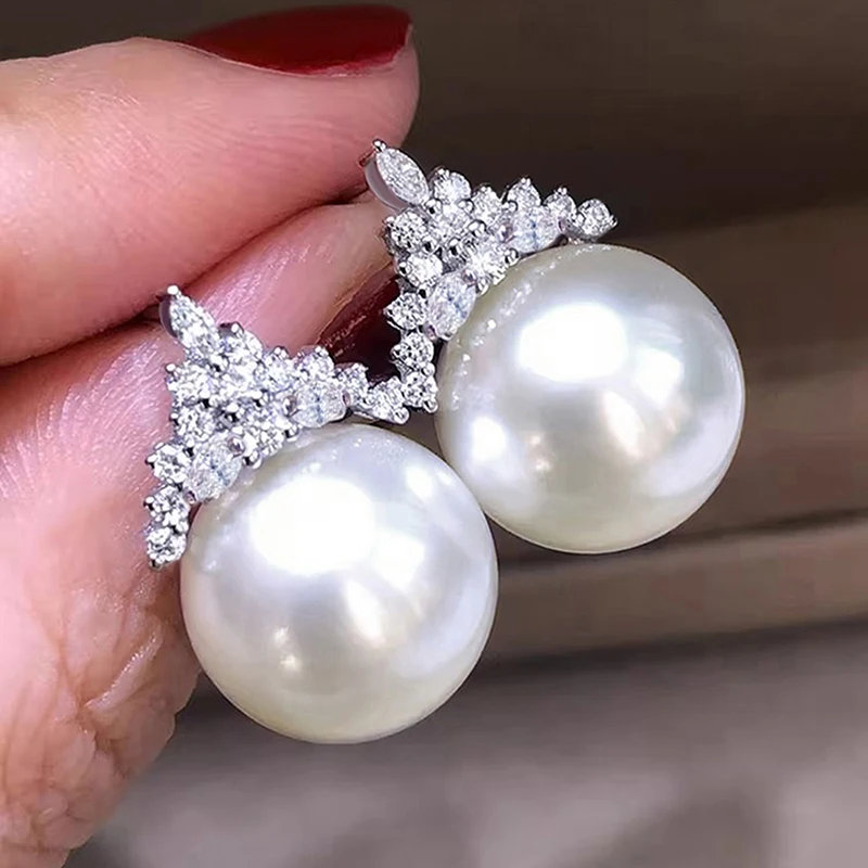 Huitan Luxury Imitation Pearl Drop Earrings Lady Engagement Accessories with Shiny Zirconia Delicate Elegant Jewelry for Wedding