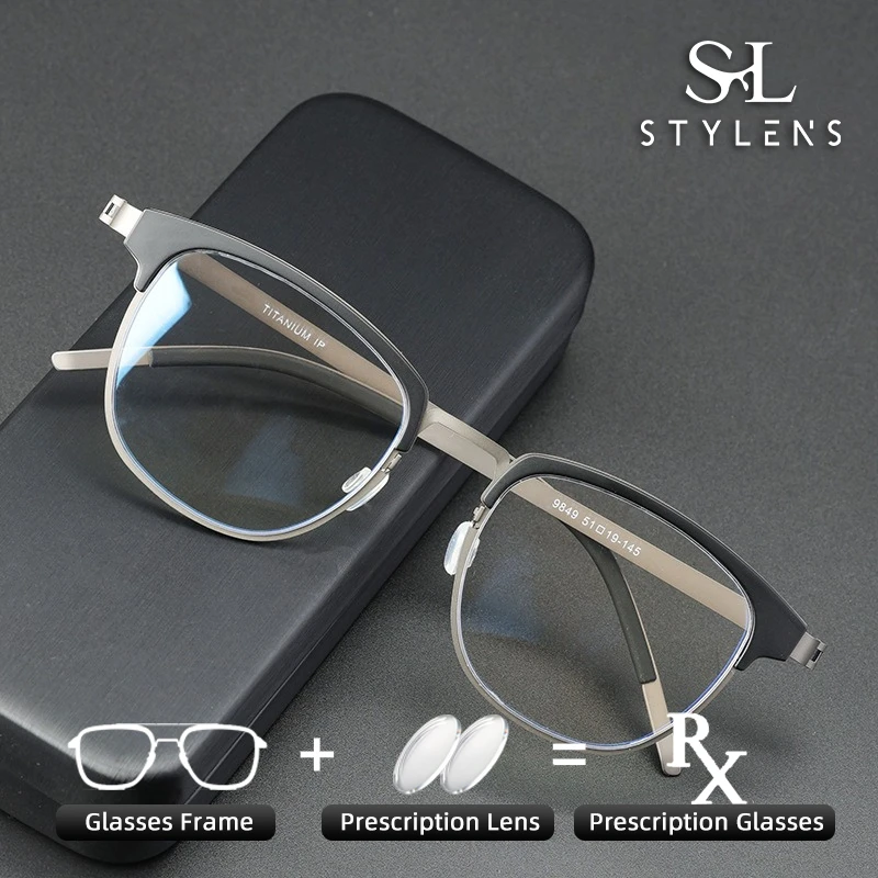 

STYLENS Бизнес Сверхлегкий дизайн Фотохромные очки из чистого титана Мужские квадратные анти-синие лучи по рецепту, настройка 9849