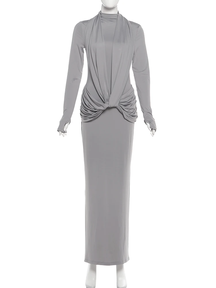 Weird Puss Elegant Bandage Dress Women Halter Ruched Patchwork Half High Collar Peach Hip Simple Stretch Skinny Slit Bodycon