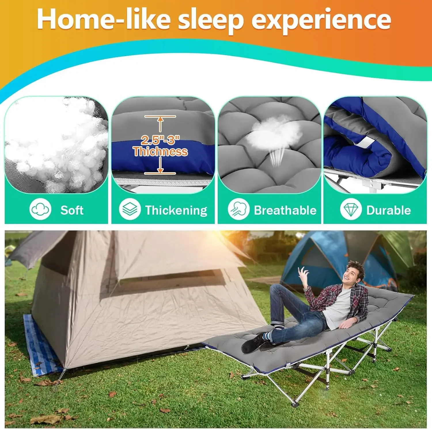 Portable Folding Camping Cot, Adjustable Adults Reclining Chaise with Pillow