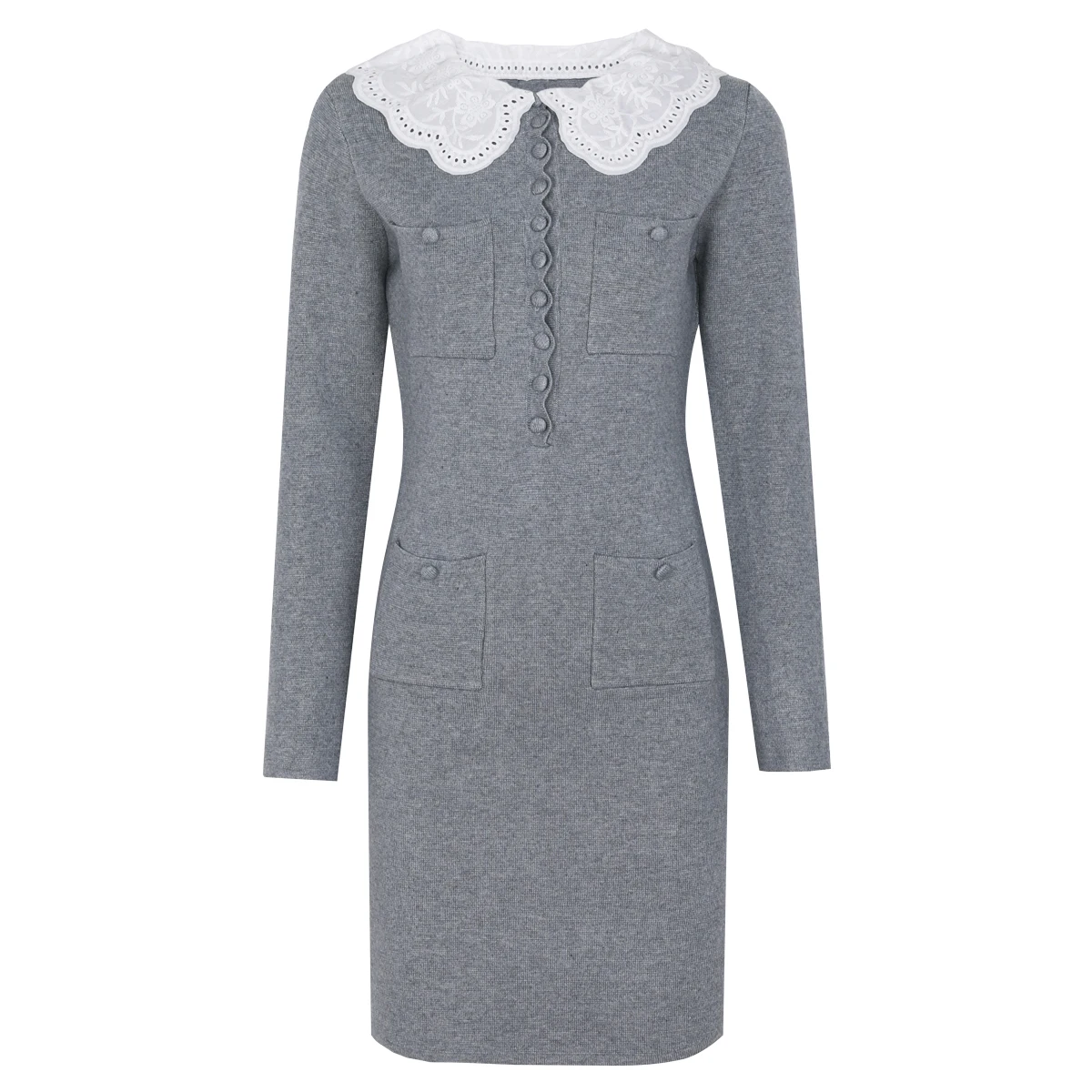 

Высокое качество, весенне-осеннее новое модное облегающее и утягивающее трикотажное платье с вышитым кружевным воротником и длинными рукавами