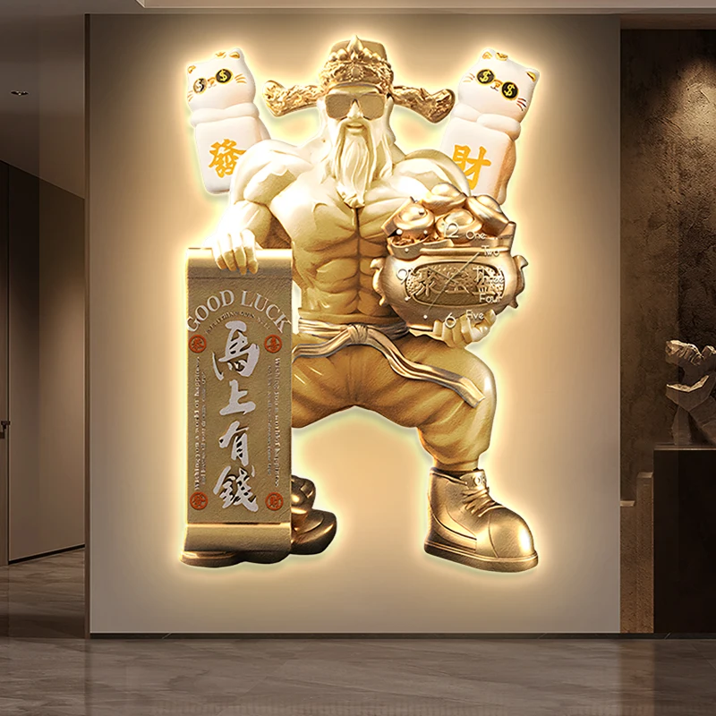 Luxury Entrance Hall God of Wealth Decorative Painting Abstract Art Hanging Painting Corridor Wall Decoration LED Light Painting