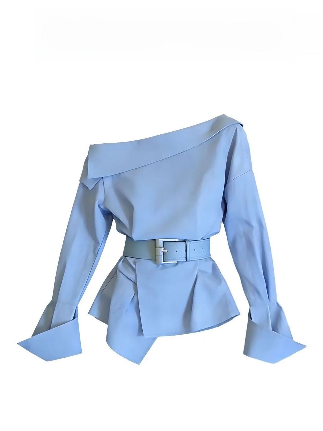 Stylish Shoulder Bared One-Shoulder Shirt Women's Spring Fashion Slimming Waist Design Outerwear Polyester Long Sleeve Shirt