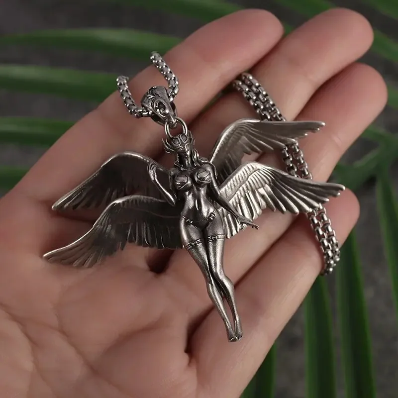 Retro Fallen Angels Necklace for Men Women Holy Four Wings Angel Goddess Pendent Punk Personality Jewelry Anniversary Gifts