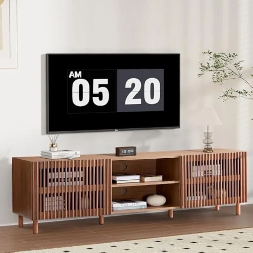 Bonzy Home 70 Mid Century Modern TV Stand, TV Console for TV up to 75, Slatted Entertainment Center with Storage and Open Shelve